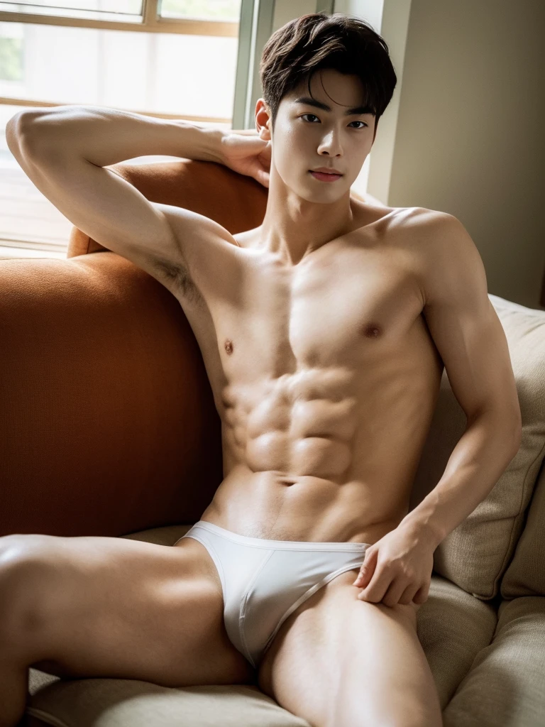 top quality, ultra high resolution, (photorealistic: 1.4), Cha eun woo, shirtless, showing armpit, dynamic angles, handsome, perfect face, perfect body, natural light, raw, detailed, best quality, 8k, thongs, sitting, spread legs