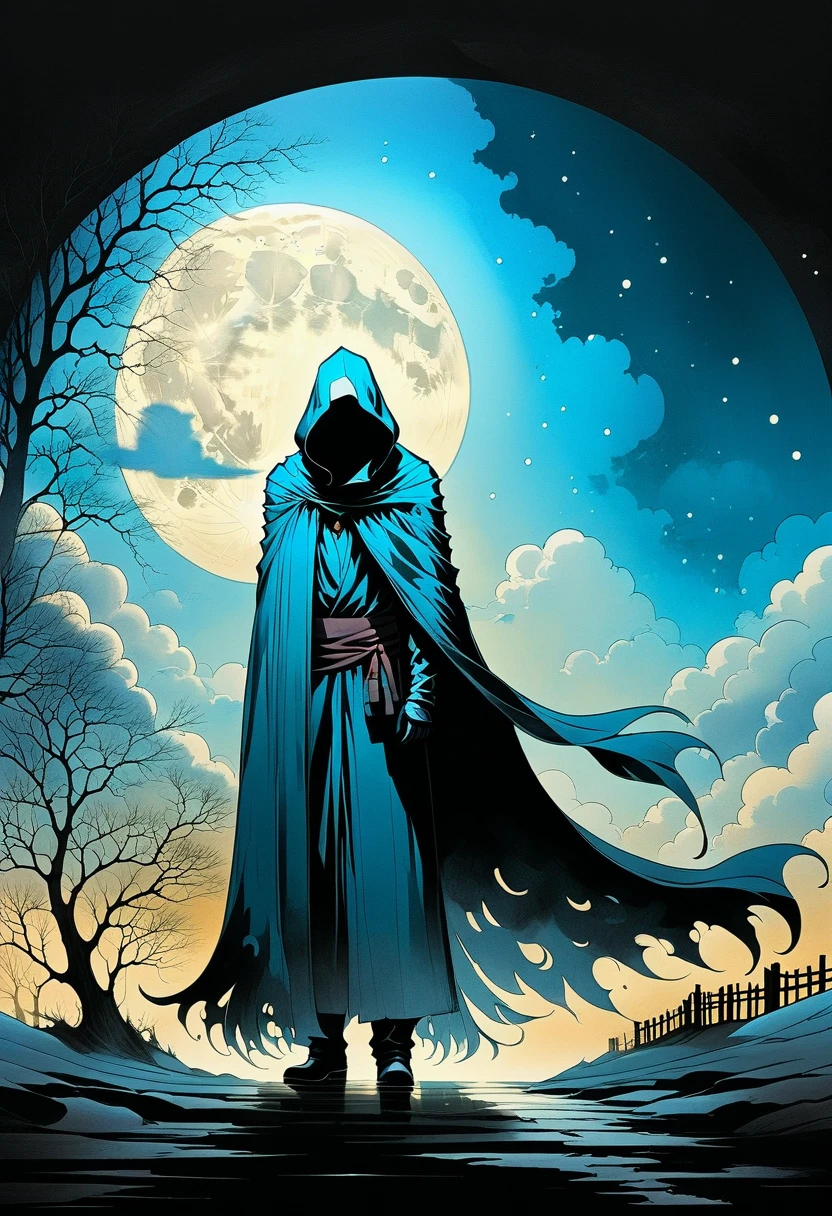 A man in a cloak、Fantasy portrait of a tall figure wearing a white mask, Traveler Azem, Desire to explore the end of the world,Discover its wonders,and help its inhabitants, author:Andy Kehoe, Gradient Masterpiece, Blue Cyan , rococopunk, Luminism, Seamless, ink, ink水气泡, Gold foil lines, 酒精ink水元素, curve, Movie, realism, Chiaroscuro, shadow play, Gold foil lines, 明亮的酒精ink水溅, Volumetric Light, Halo, Sunlight, Bright colors reflect, Isometric, The art of math, smoke, pollute, Toxic waste, Chimneys and railways, 3D Rendering, Octane Rendering, Volumetric method, author:Greg Rutkowski