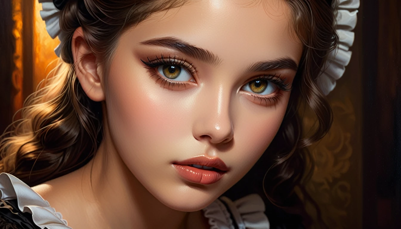 a woman, 16yrs old working as a maid, highly detailed face, beautiful detailed eyes, beautiful detailed lips, extremely detailed skin, erotic, sensual, cinematic lighting, moody atmosphere, warm color tones, intimate, chiaroscuro, intricate textures, alluring, classical oil painting