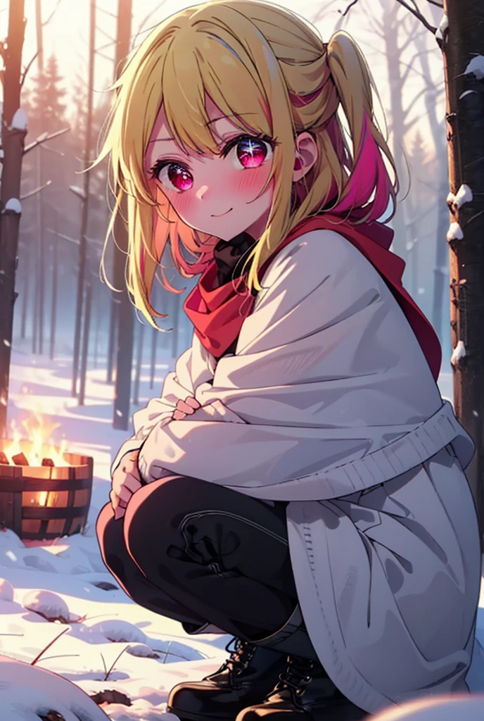 rubyhoshino, Hoshino Ruby, Long Hair, bangs, blonde, (Pink Eyes:1.3), Side Lock, (Symbol-shaped pupil:1.5), Multicolored Hair, Two-tone hair, smile,,smile,blush,white breath,
Open your mouth,snow,Ground bonfire, Outdoor, boots, snowing, From the side, wood, suitcase, Cape, Blurred, , forest, White handbag, nature, Squat, Mouth closed, Cape, winter, Written boundary depth, Black shoes, red Cape break looking at viewer, Upper Body, whole body, break Outdoor, forest, nature, break (masterpiece:1.2), Highest quality, High resolution, unity 8k wallpaper, (shape:0.8), (Beautiful and beautiful eyes:1.6), Highly detailed face, Perfect lighting, Extremely detailed CG, (Perfect hands, Perfect Anatomy),