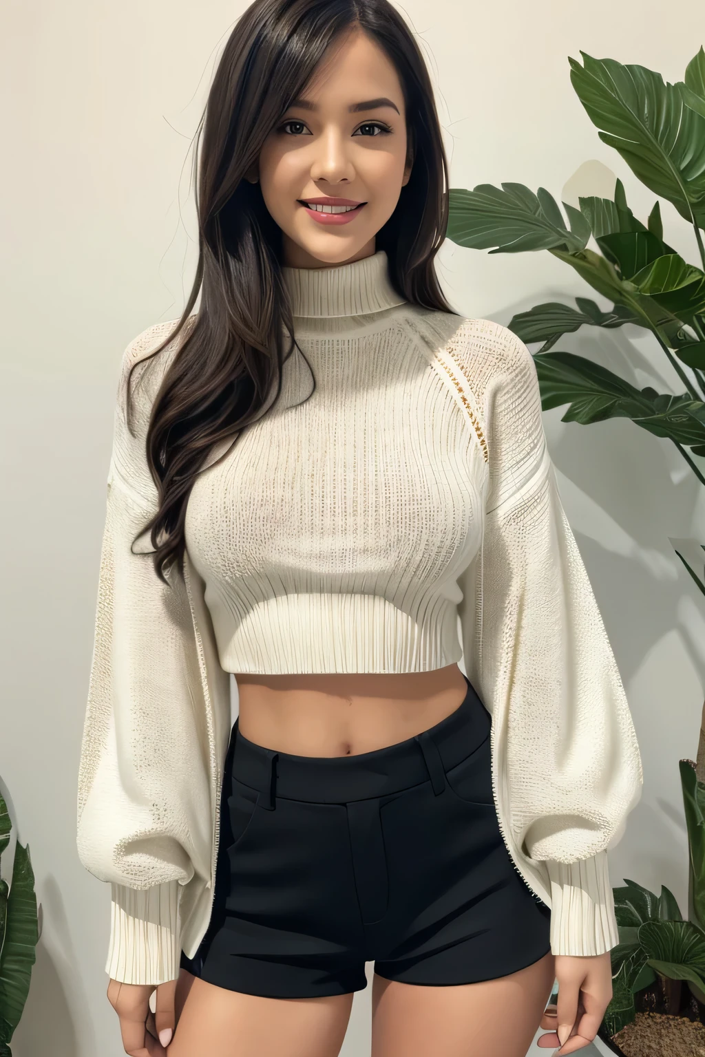 1girl,solo,long hair,looking at viewer,smile,bangs,skirt,brown hair,long sleeves,navel,brown eyes,standing,parted lips,shorts,midriff,nail polish,grin,blurry,sweater,crop top,fingernails,sleeves past wrists,makeup,turtleneck,plant,lipstick,white shorts,realistic,black sweater,cropped sweater