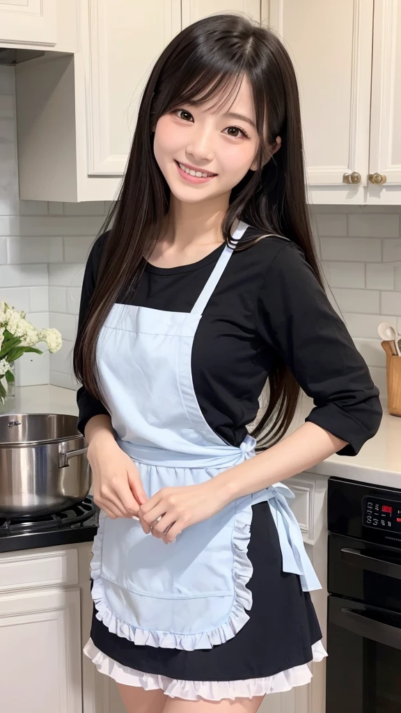 Having long flowing hair、Very Beautiful Japan Woman。She is wearing a frilly apron、She has striking bluish-black eyes and a bright smile.、Cooking happily。The background is a pure white kitchen。The image style is realistic.、It adds a touch of glamour.。