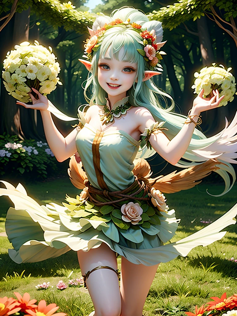 generate a group of mystical forest spirit girls with wreaths of flowers on their heads with pale skin dancing in a circle, adorable smile, cute teeth, masterpiece