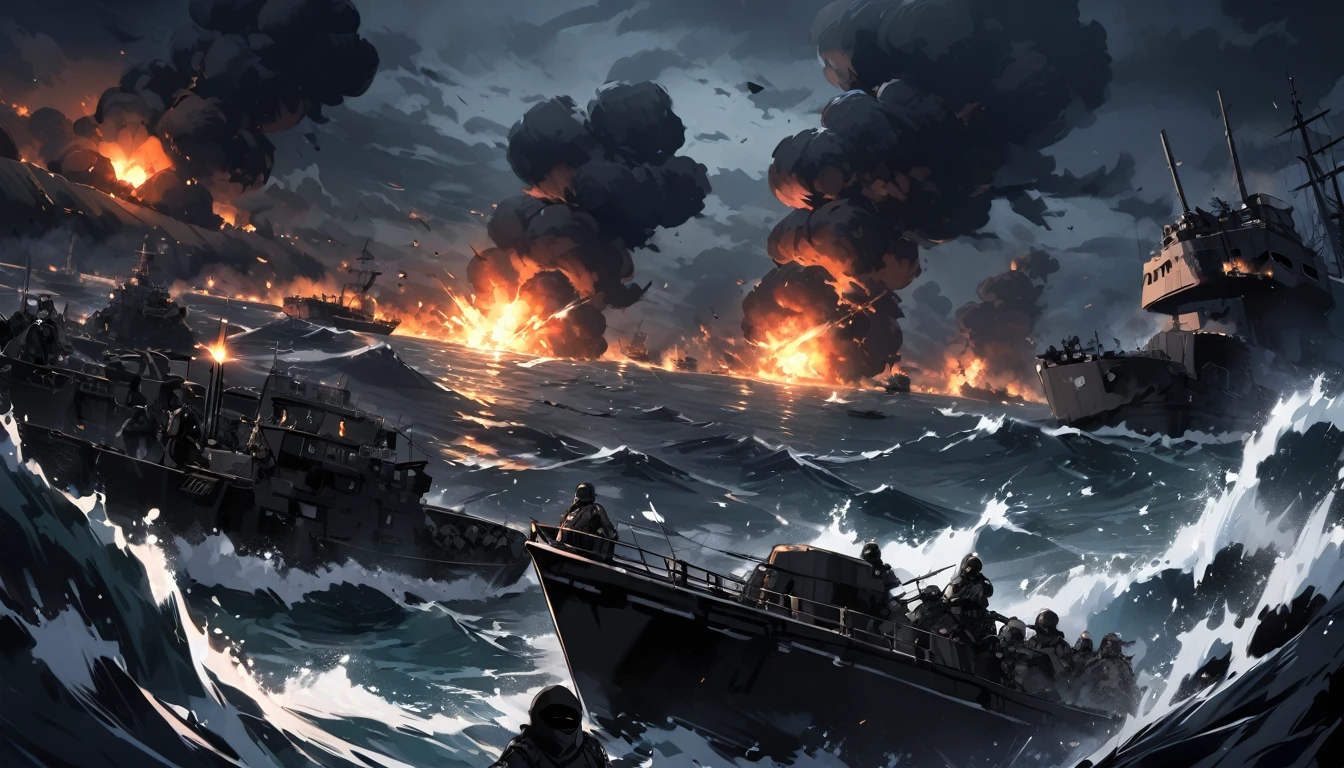  Terrorists, black balaclava, black clothes, war, sea, night, ships, chaos, nuclear explosion, dark atmosphere, apocalypse, dark, black colour 