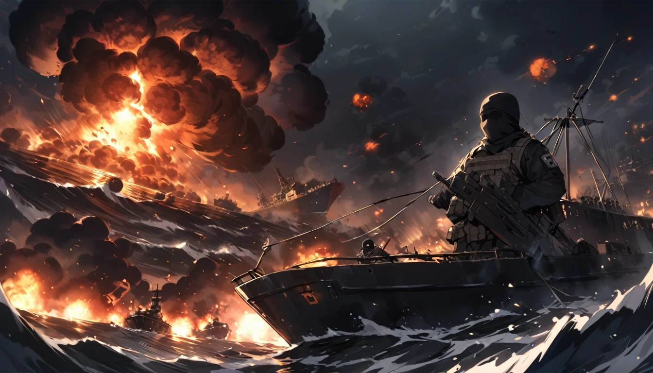 Terrorists, black balaclava, black clothes, war, sea, night, ships, chaos, nuclear explosion, dark atmosphere, apocalypse, dark, black colour