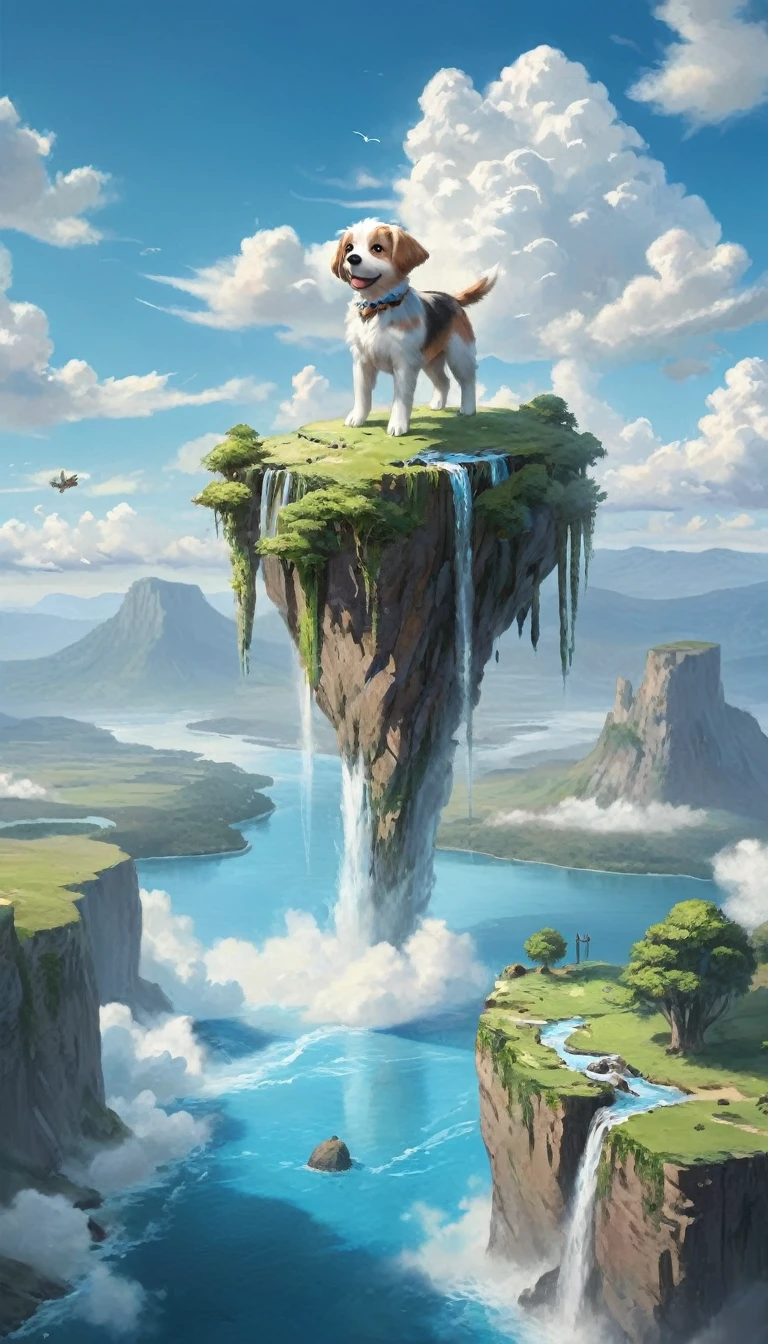 ({{highres,}},masterpiece,ultra-detailed,flying puppy in sky, best quality,8k)cloud, sky, scenery, day, blue_sky, mountain, cloudy_sky, outdoors, waterfall, fantasy, horizon, cliff, rock, water, landscape, mountainous_horizon, ocean, tree, river, floating_island, flying puppy