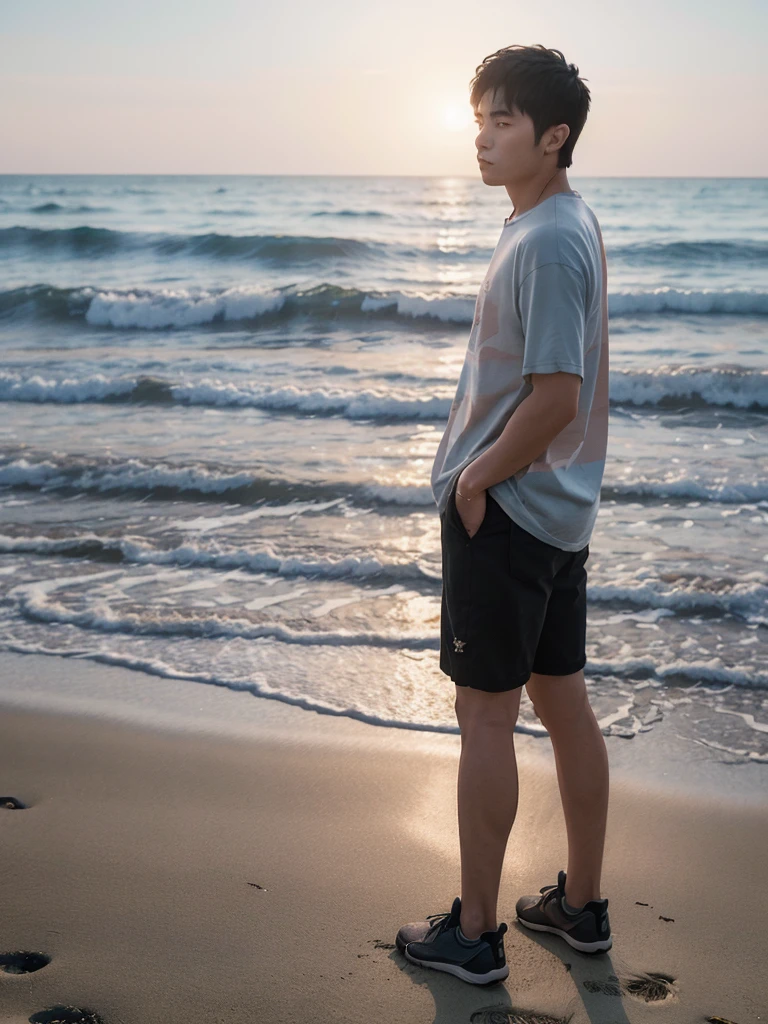 (super sharp focus), (Hairy legs), (((full body))), Japanese man, twenty years old, very short hair, Black Hair, Wearing shorts, sitting, A painting of a muscular young man standing on the beach watching the sunset. In the backlight, the young man turns into a dark shadow. The young man is a high school student with long bangs., Showing off her huge muscular round ass. anime, Makoto Shinkai Cyril Rolland, Inspired by Cyril Rolland, animeーションアート壁紙 4K, Sky blue and peach gradation. Seagulls are flying. Beautiful illustrations with a delicate touch.