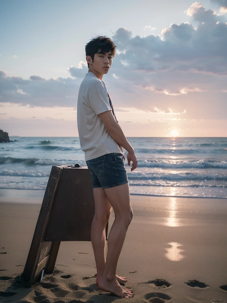 (super sharp focus), (Hairy legs), (((full body))), Japanese man, twenty years old, very short hair, Black Hair, Wearing shorts, sitting, A painting of a muscular young man standing on the beach watching the sunset. In the backlight, the young man turns into a dark shadow. The young man is a high school student with long bangs., Showing off her huge muscular round ass. anime, Makoto Shinkai Cyril Rolland, Inspired by Cyril Rolland, animeーションアート壁紙 4K, Sky blue and peach gradation. Seagulls are flying. Beautiful illustrations with a delicate touch.