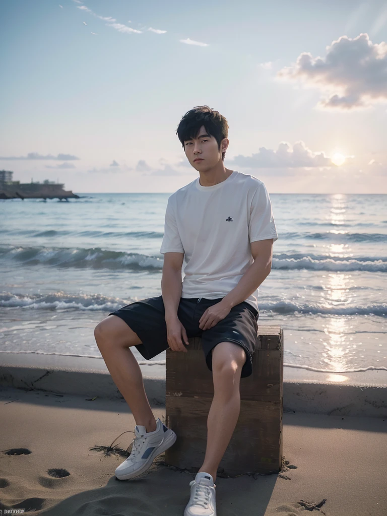 (super sharp focus), (Hairy legs), (((full body))), Japanese man, twenty years old, very short hair, Black Hair, Wearing shorts, sitting, A painting of a muscular young man standing on the beach watching the sunset. In the backlight, the young man turns into a dark shadow. The young man is a high school student with long bangs., Showing off her huge muscular round ass. anime, Makoto Shinkai Cyril Rolland, Inspired by Cyril Rolland, animeーションアート壁紙 4K, Sky blue and peach gradation. Seagulls are flying. Beautiful illustrations with a delicate touch.