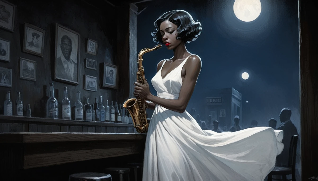 robert johnson, gritty, alabama bar, blue note, charismatic , white dress, illustration, noir fantasy, lone lady, sad ending, saxophonist
