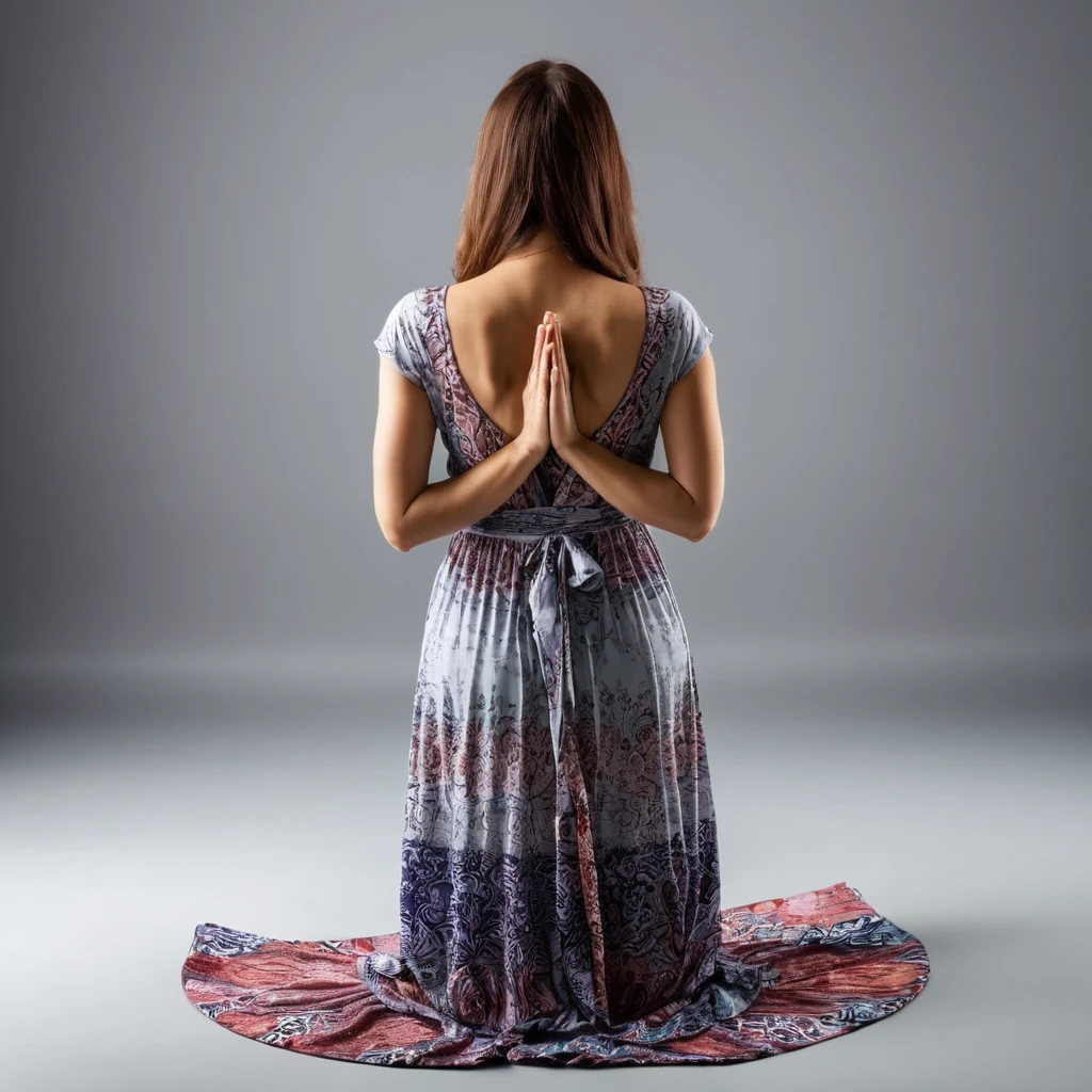 woman praying on her knees and hands in a maxi dress, rear view angle