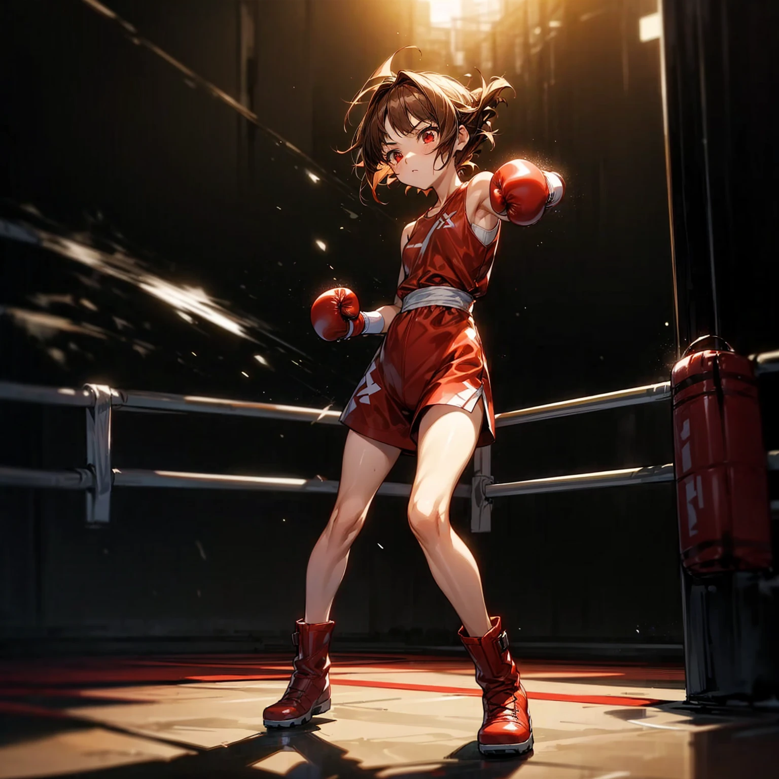 1childern girl, Full body version, 1character, red eyes, short Curly haircut, brown color hair, boxing style outfit, Boots, Grassroots, full background in street city, motion blur, light, (Hunter x Hunter style art), standing gesture, Boxing gloves