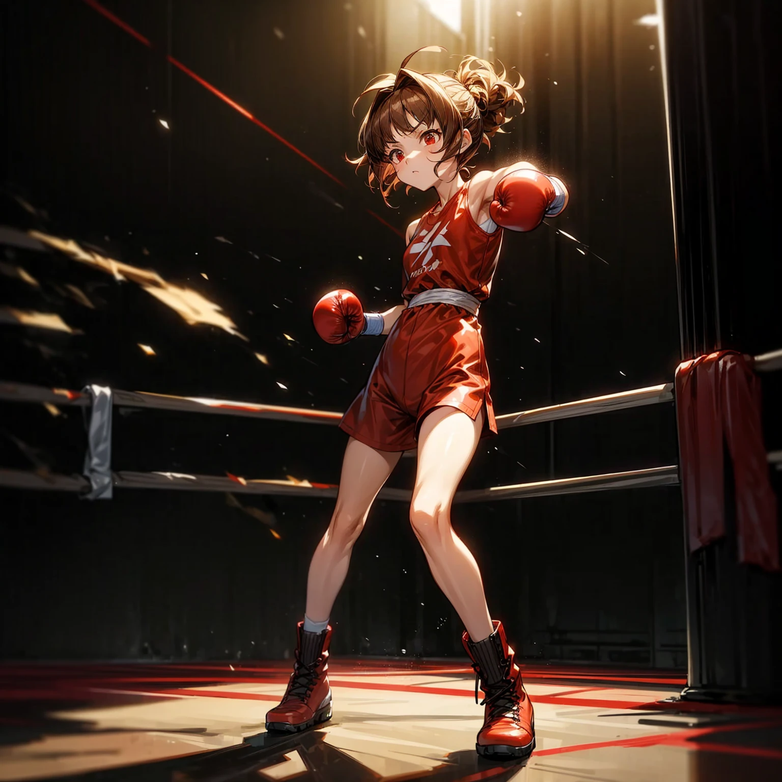 1childern girl, Full body version, 1character, red eyes, short Curly haircut, brown color hair, boxing style outfit, Boots, Grassroots, full background in street city, motion blur, light, (Hunter x Hunter style art), standing gesture, Boxing gloves