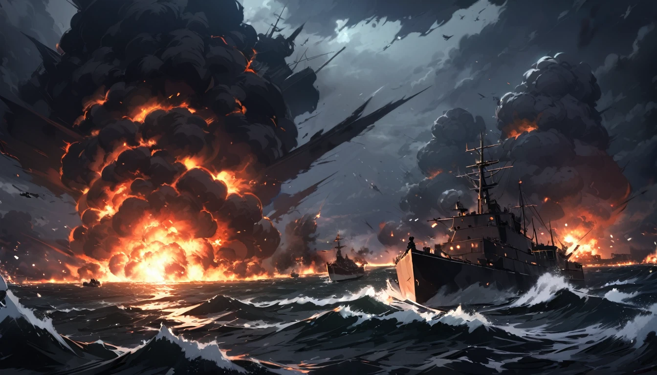  Terrorists, black balaclava, black clothes, war, sea, night, ships, chaos, ocean, nuclear explosion, dark atmosphere, apocalypse, dark, black colour 