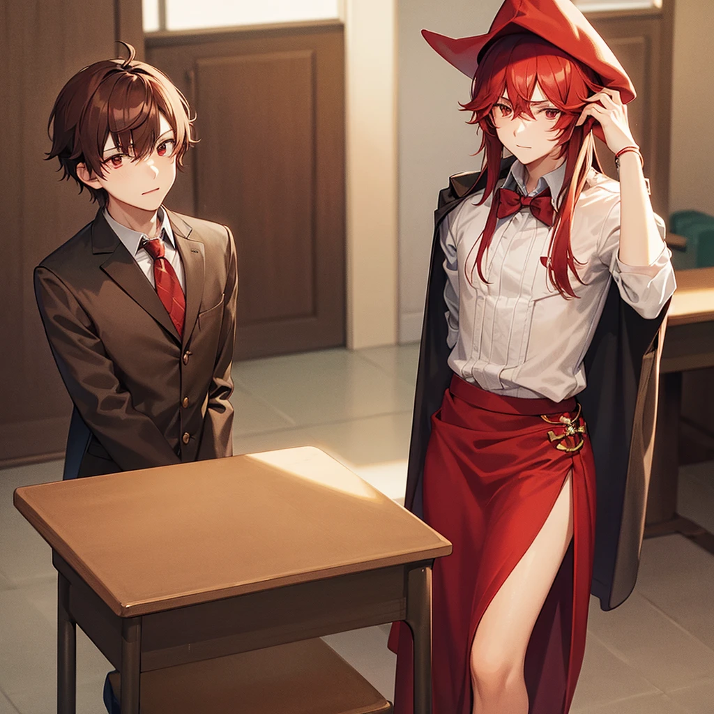 A shy young man with carmine red medium hair and with long bangs covering his eyes, wearing an old wizard hat and beige , background is classroom