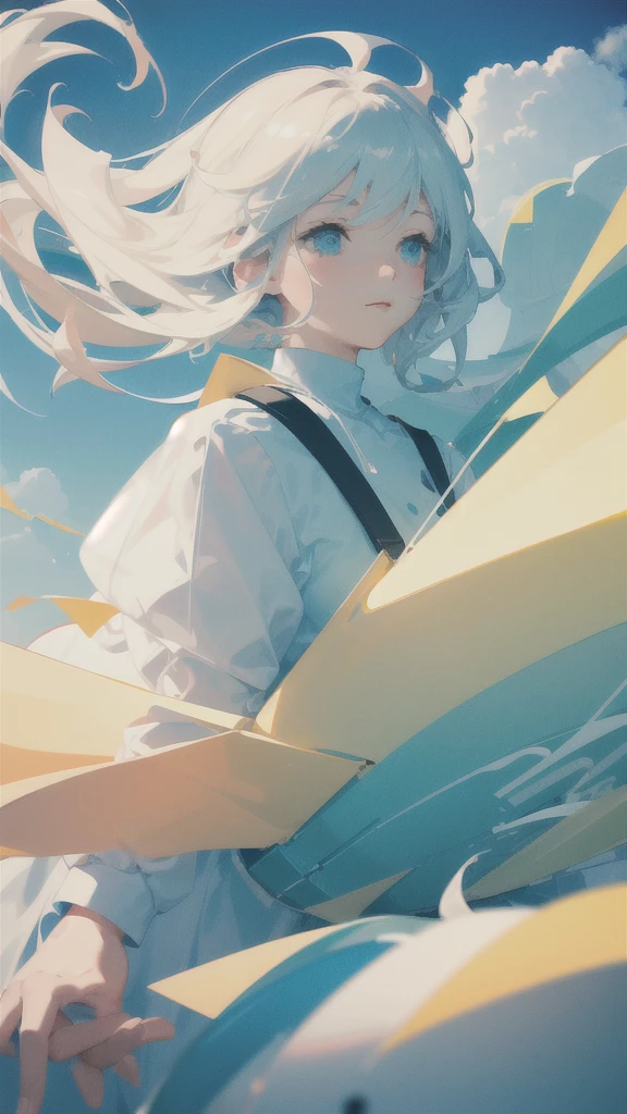 masterpiece, best quality, movie still, 1girl, floating in the sky, cloud girl, cloud, (close-up:1.1), bright, happy, fun, soft lighting, (Bauhaus, shapes, lines, abstract:1.1)