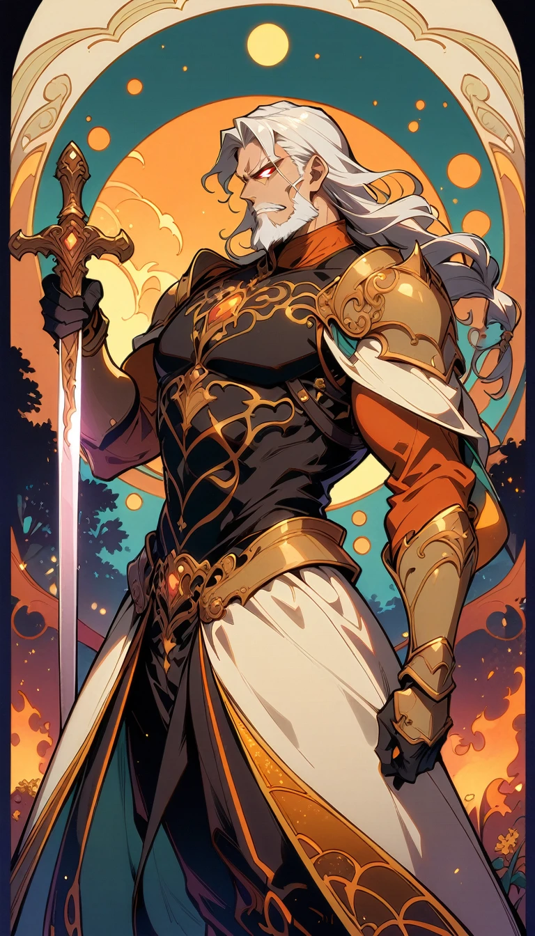 ((best quality)) , ((masterpiece)) , (detailed),weapon, armor, holding, long hair, facial hair, glowing eyes, 1boy, male focus, holding weapon, glowing, sword, outdoors, helmet, braid, teeth, fire, shoulder armor, pants, grey hair, beard, bangs, holding sword, muscular male, white hair,(((art nouveau style , elegant, decorative, curvilinear forms, nature-inspired, ornate, detailed)))