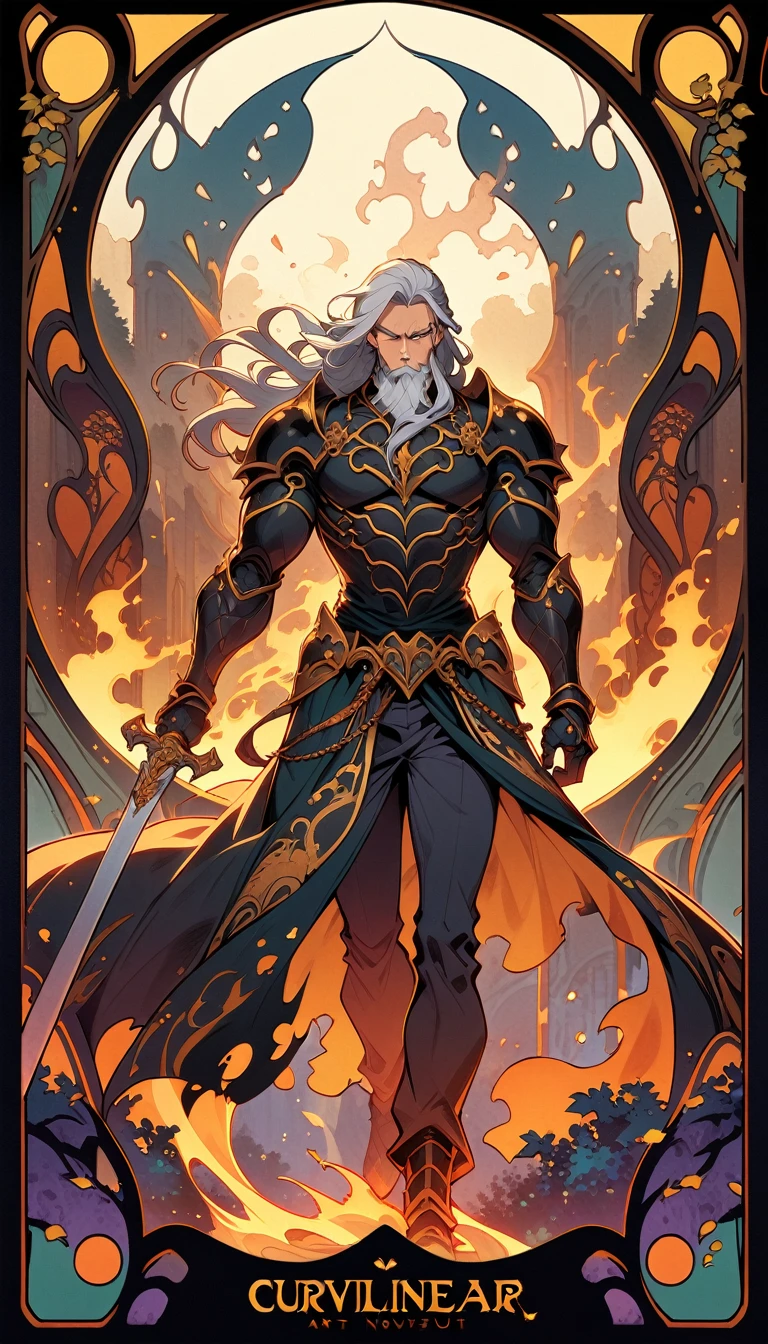 ((best quality)) , ((masterpiece)) , (detailed)，weapon, armor, holding, long hair, facial hair, glowing eyes, 1boy, male focus, holding weapon, glowing, sword, outdoors, helmet, braid, teeth, fire, shoulder armor, pants, grey hair, beard, bangs, holding sword, muscular male, white hair,(((art nouveau style ， elegant, decorative, curvilinear forms, nature-inspired, ornate, detailed)))