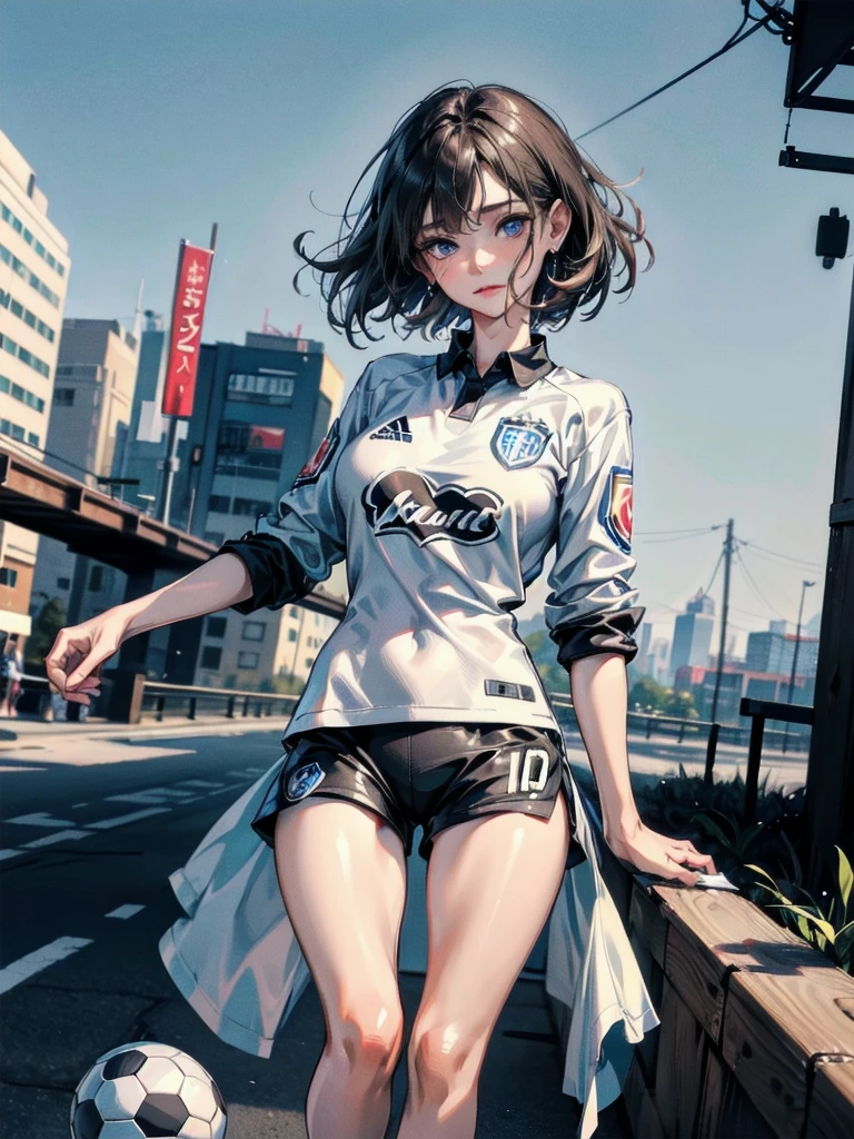 absurdres, RAW photo, extremely delicate and beautiful, masterpiece, Best Quality, ultra high resolution, 32k, hyperrealistic, ultra-detailed, perfect anatomy, anatomically correct, perfect figure, Perfect Style, Perfect balance, super Detailed skin, in her 30s, very Slim body, narrow waist, very small head, very small face, delicate facial features, handsome detailed woman, very detailed eyes and face, realistic face proportions, Realistic beautiful face, Realistic beautiful eyes, tearful mole, earring, very huge round tits, full body shot, whole legs, whole feet, medium hair, (outdoor:1.2), (soccer Jersey:1.2), shorts,