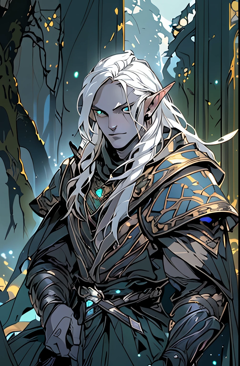 anime, masterpiece, best quality, by professional artist, male, solo, body portrait, detailed composition, detailed eyes, white background, long light blond undercut hair, elf, grey eyes, serious face, hair covering one eye, black cloak, medieval armor, green eyes