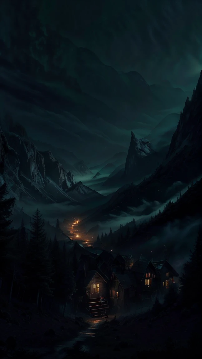 A spooky scene in the mountains at night with thick fog. A flashlight beam is visible in the foreground, casting light on the misty surroundings. The scene should feel eerie and mysterious, with the dense fog and the isolated mountainous location contributing to the haunted atmosphere. No people should be visible in the image.