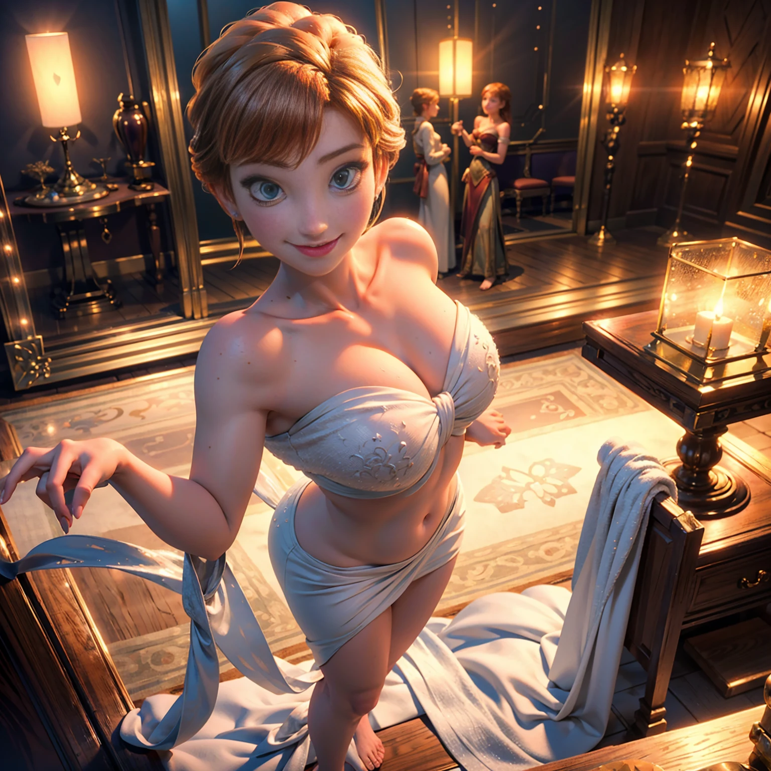 One girl, (Anna from Disneys frozen as a milf all alone in her chambers wearing white thong bottoms and a lace corset), showing off her curves and smiling, sexy, beautiful girl, innocent, flirtation, all alone, bending down to show off to the camera, clear eyes,  by the mirror, reflection