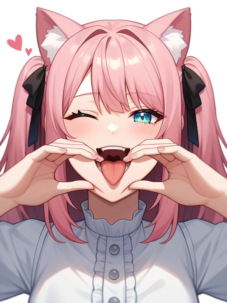 Adult, Female, long pink hair, winking, tongue out, heart hands, vtuber, otaku bedroom, Masterpiece, Accurate, Anatomically Correct, Best Quality, High Details, Detail, Super Detailed, Best detail, Perfect detail, Amazing detail, [-3, 3], perfect hands, best hands, best fingers, perfect fingers, perfect body, best body, amazing body, Looking at viewer, front facing, upper body shot, Cat Ears, Close-Up, 