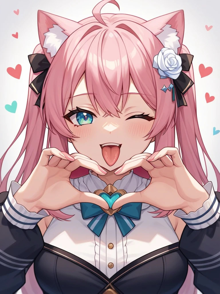 Adult, Female, long pink hair, winking, tongue out, heart hands, vtuber, otaku bedroom, Masterpiece, Accurate, Anatomically Correct, Best Quality, High Details, Detail, Super Detailed, Best detail, Perfect detail, Amazing detail, [-3, 3], perfect hands, best hands, best fingers, perfect fingers, perfect body, best body, amazing body, Looking at viewer, front facing, upper body shot, Cat Ears, Close-Up, 