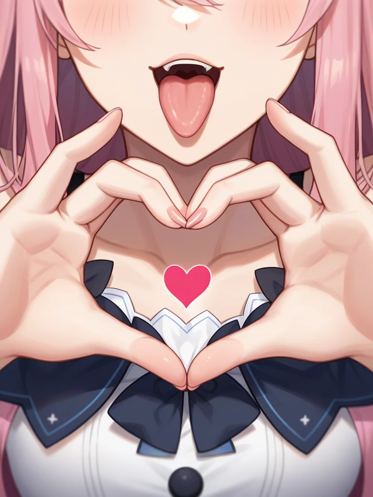 Adult, Female, long pink hair, winking, tongue out, heart hands, vtuber, otaku bedroom, Masterpiece, Accurate, Anatomically Correct, Best Quality, High Details, Detail, Super Detailed, Best detail, Perfect detail, Amazing detail, [-3, 3], perfect hands, best hands, best fingers, perfect fingers, perfect body, best body, amazing body, Looking at viewer, front facing, upper body shot, Cat Ears, Close-Up, 