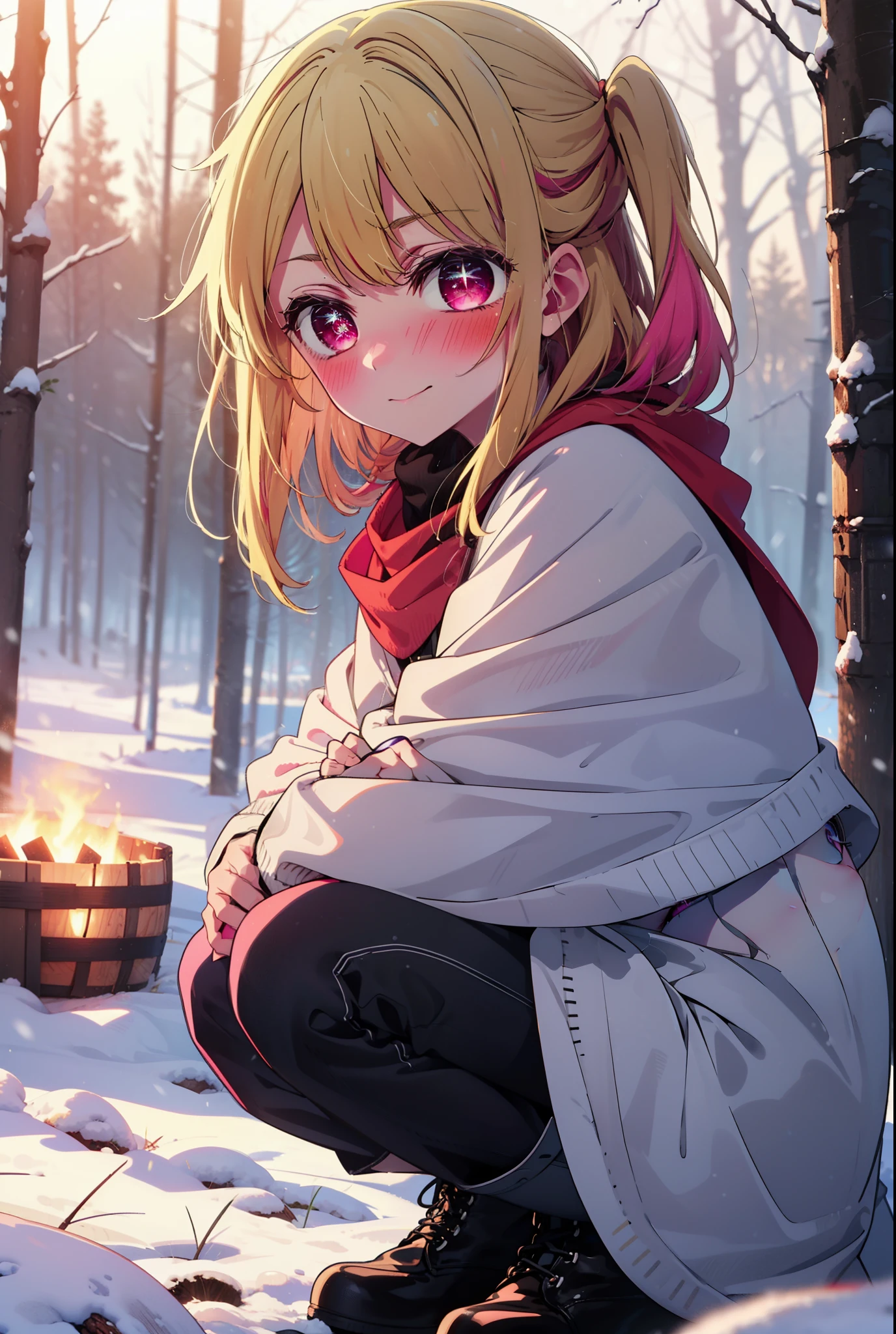 rubyhoshino, Hoshino Ruby, Long Hair, bangs, blonde, (Pink Eyes:1.3), Side Lock, (Symbol-shaped pupil:1.5), Multicolored Hair, Two-tone hair, smile,,smile,blush,white breath,
Open your mouth,snow,Ground bonfire, Outdoor, boots, snowing, From the side, wood, suitcase, Cape, Blurred, , forest, White handbag, nature, Squat, Mouth closed, Cape, winter, Written boundary depth, Black shoes, red Cape break looking at viewer, Upper Body, whole body, break Outdoor, forest, nature, break (masterpiece:1.2), Highest quality, High resolution, unity 8k wallpaper, (shape:0.8), (Beautiful and beautiful eyes:1.6), Highly detailed face, Perfect lighting, Extremely detailed CG, (Perfect hands, Perfect Anatomy),