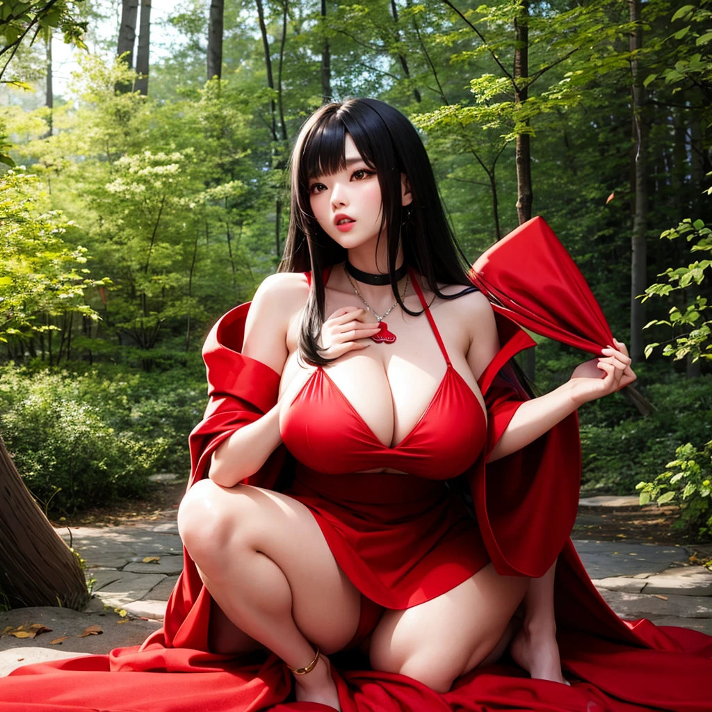 "Korean model with big, perky breasts dressed sexy as Red Riding Hood in the forest."