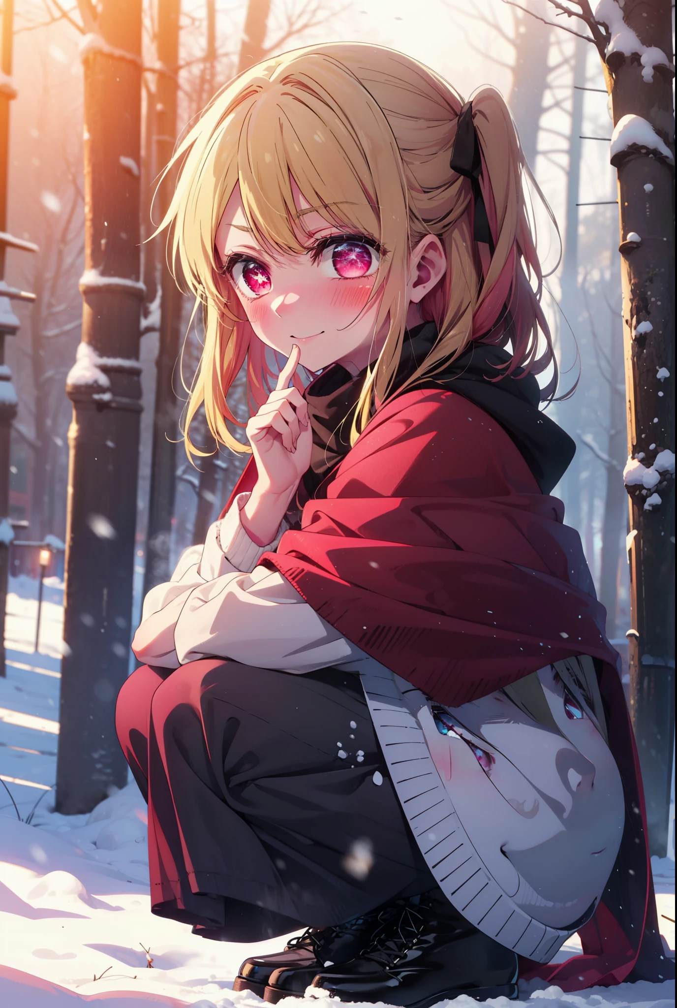 rubyhoshino, Hoshino Ruby, Long Hair, bangs, blonde, (Pink Eyes:1.3), Side Lock, (Symbol-shaped pupil:1.5), Multicolored Hair, Two-tone hair, smile,,smile,blush,white breath,
Open your mouth,snow,Ground bonfire, Outdoor, boots, snowing, From the side, wood, suitcase, Cape, Blurred, , forest, White handbag, nature,  Squat, Mouth closed, Cape, winter, Written boundary depth, Black shoes, red Cape break looking at viewer, Upper Body, whole body, break Outdoor, forest, nature, break (masterpiece:1.2), Highest quality, High resolution, unity 8k wallpaper, (shape:0.8), (Beautiful and beautiful eyes:1.6), Highly detailed face, Perfect lighting, Extremely detailed CG, (Perfect hands, Perfect Anatomy),