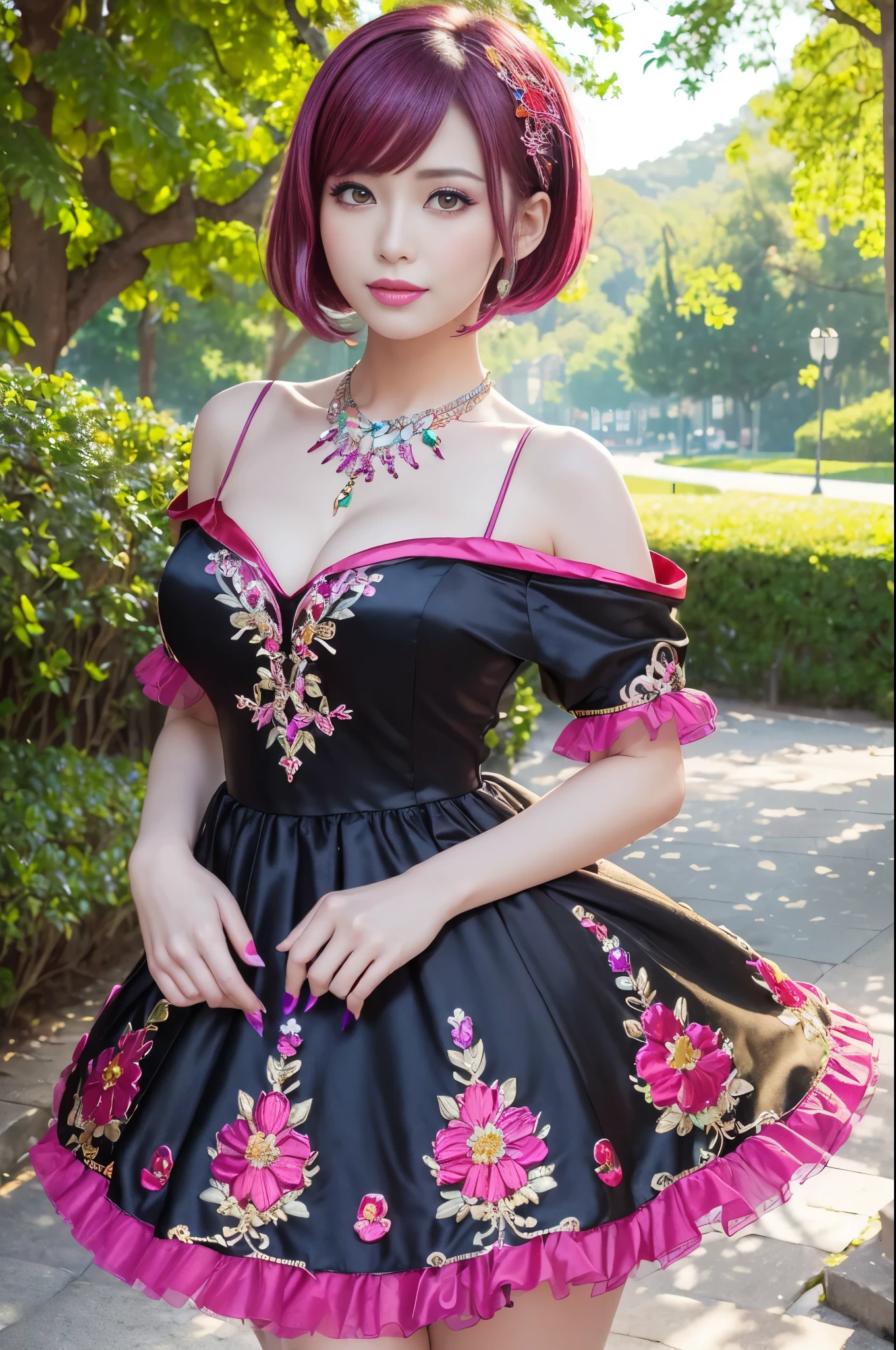 (masterpiece:1.4), (best quality:1.4), ultra high res, ultra high resolution, ((detailed facial features)), HDR, (realistic, photorealistic, photo-realistic:1.37), full body Esbian, sexy Vietnamese model, (-anime), vivid colors, ((vivid colors multicolor (pink, red, purple) very short hair)), (happy smile), lip-gloss, long lashes, ultra detailed metallic makeup, defined eyebrows, wearing large sparkling colorful jewelery, (wearing a red silk Paradise Kiss cosplay dress with black floral embroidery), ((vivid colors outfit)), vivid colors, look at the camera, cinematic light, large park background with trees, sweet and sexy pose