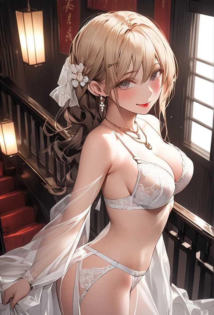 Highest quality　4K　Soapland　Edo entertainment district　She is posing sensually on the landing of the staircase in a mysterious Western-style building.　From the back　Backwards　Turn around　Full Body Shot　The whole body is visible　A sophisticated gravure idol　Young Sensual Gravure Idol　Gorgeous Japanese Model　Young Japanese　Attractive 30 year old Japanese widow　Graceful and sensual pose　Lewd face　Shy and seductive look　A look of contempt　A look of contempt　Captivating smile　Slightly parted lips　Seductive red lips　Sexy Body　Clear Eyes　Round eyes　Mole next to the lip　Beautiful and firm breasts　Beautiful E Cup Breasts　Attractive nail art　Chignon Hairstyles　Hair tied up　Medium Long Hair　Dark brownish blonde　hair ornaments　Wearing a sexy white lace dress　Sexy see-through floral white lace bra,White thong with obscene floral lace,　necklace　garter belt　Beige floral lace stockings　Earrings　Black high heels　派手なnecklace　Fine details　Beautiful anime illustrations　Beautiful Face　alone　High resolution, One Girl, Highest quality, Attention to detail,　Professional, Vibrant colors, Perfect Anatomy, ideal facial features, 理想的なProfessionalポーションの図, Perfectly beautiful body, Highly detailed skin, Glowing Skin, Glowing Skin, Cleavage　Mature hot body　Sparkle Effect, Anime Style, photograph,　Manga illustration　High quality and exquisite texture, Detailed and precise brushwork, Detailed and vivid depiction, Anatomically correct, Absurd aesthetics, Luxurious silk texture, Highest qualityの装飾, Detailed and attractive skin,