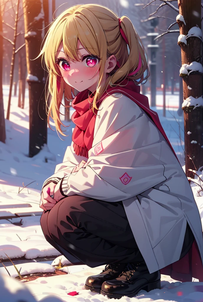 rubyhoshino, Hoshino Ruby, Long Hair, bangs, blonde, (Pink Eyes:1.3), Side Lock, (Symbol-shaped pupil:1.5), Multicolored Hair, Two-tone hair, smile,,smile,blush,white breath,
Open your mouth,snow,Ground bonfire, Outdoor, boots, snowing, From the side, wood, suitcase, Cape, Blurred, , forest, White handbag, nature, Squat, Mouth closed, Cape, winter, Written boundary depth, Black shoes, red Cape break looking at viewer, Upper Body, whole body, break Outdoor, forest, nature, break (masterpiece:1.2), Highest quality, High resolution, unity 8k wallpaper, (shape:0.8), (Beautiful and beautiful eyes:1.6), Highly detailed face, Perfect lighting, Extremely detailed CG, (Perfect hands, Perfect Anatomy),