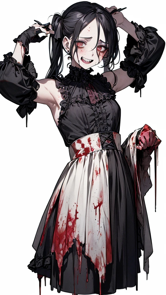 (Masterpiece: 1. 2, top quality), (live action, elaborate detail), (anatomically correct), (one girl, small breasts, open eyes, scary atmosphere, gothic lolita outfit, distorted expression, evil smile, bloody eyes, blood splatter, full body, twin tails, black hair, (dark circles under eyes), white, morbid, crazy eyes, ( grin), dramatic makeup, mixed media art, white background