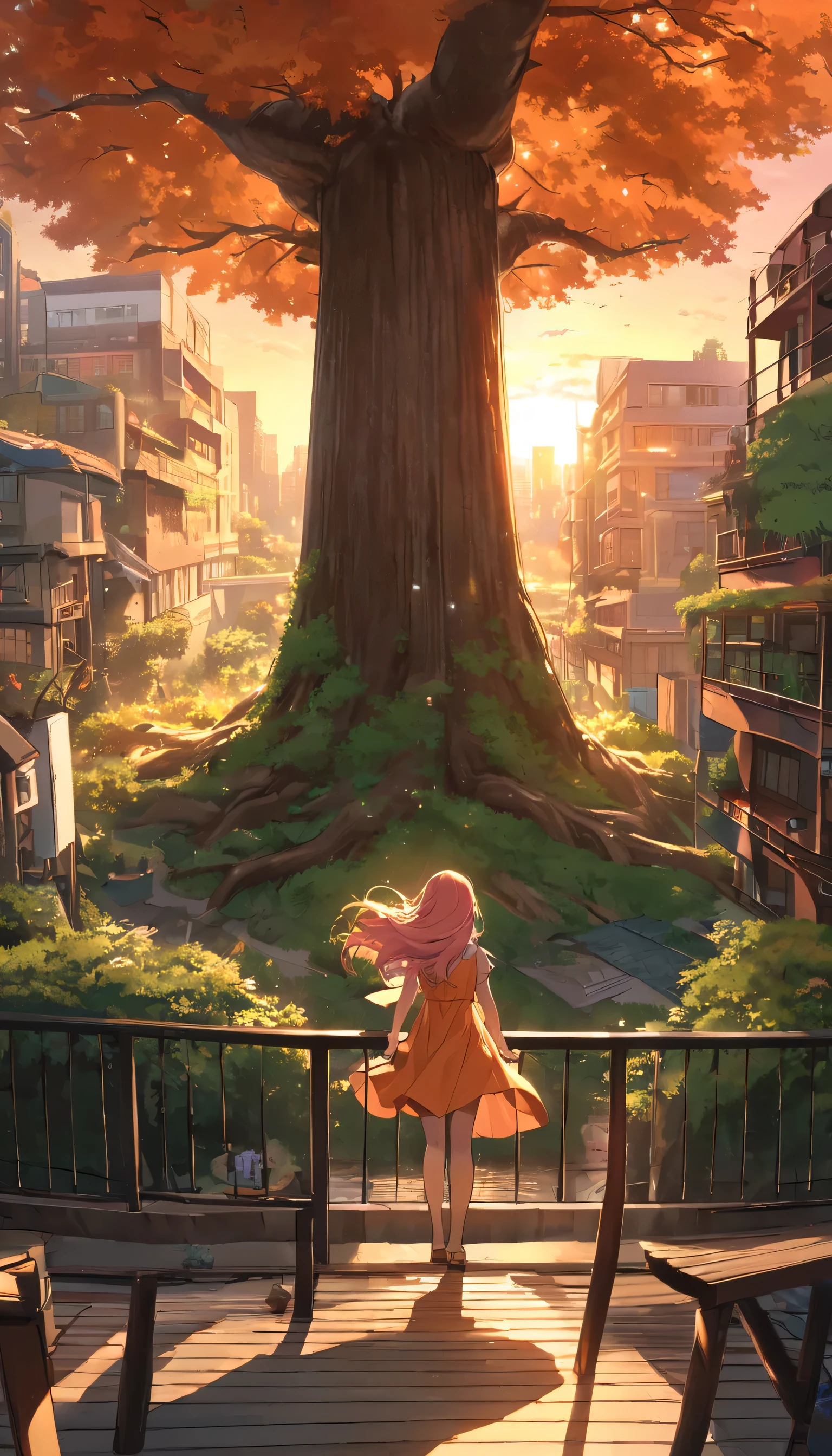 A giant ancient tree stands tall in the center of the city、A girl stands in front of it。The sky is dyed in the sunset、Orange and pink hues abound。The tree roots wrap around the building、The cityscape and nature blend together to create a fantastic sight.。The top of the tree is lush and green.、Leaves are lush、Thick branches spread out in all directions。The girl stands in front of the tree、Hands on the railing。She is wearing a simple dress、Turning his back and staring at the tree。The city buildings are illuminated by the light of the setting sun、Place々A small light is shining in。A giant tree stands tall in the center of the city。
The tree roots spread out, enveloping the building.。
The sunset sky is beautifully colored in shades of orange and pink.。
The top of the tree is lush and green.、Leaves are lush、Thick branches spread out。
The girl is wearing a simple dress.、Hands on the railing。
The girl is turning his back and staring at the tree。
The city buildings are illuminated by the light of the setting sun、Place々A small light is shining in。Paintings inspired by Makoto Shinkai, Beautiful anime scenery、ultra-realistic, Anime movie background, Pixiv Topics、Her hair is fluttering in the wind