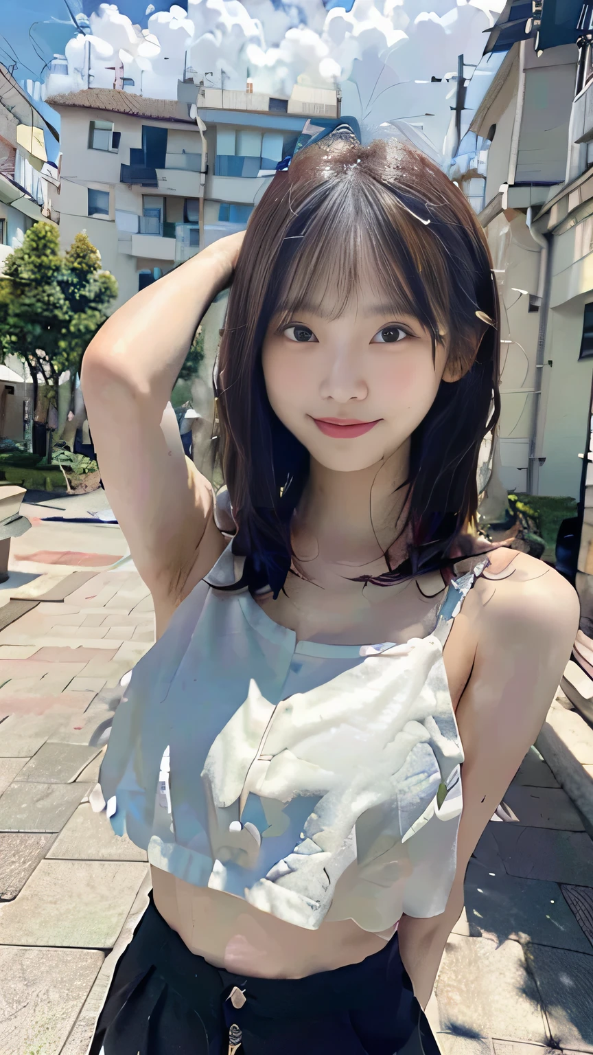 (Highest quality, 8k, 32K, masterpiece, Ultra-high resolution: 1.2), 1 girl, Beautiful Japanese Women,Cute Girl, Tight waist, Wide leg pants, Belly button T-shirt, 24-years-old, (Cute pose: 1.2), Beautiful Face, (Smile at someone you like), Hair blowing in the wind, Beautiful summer blue sky, Performances on the lawn.