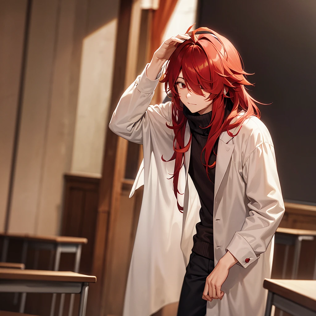 A shy young man with carmine red medium hair and with long bangs covering his eyes, wearing an old wizard hat and beige , background is classroom