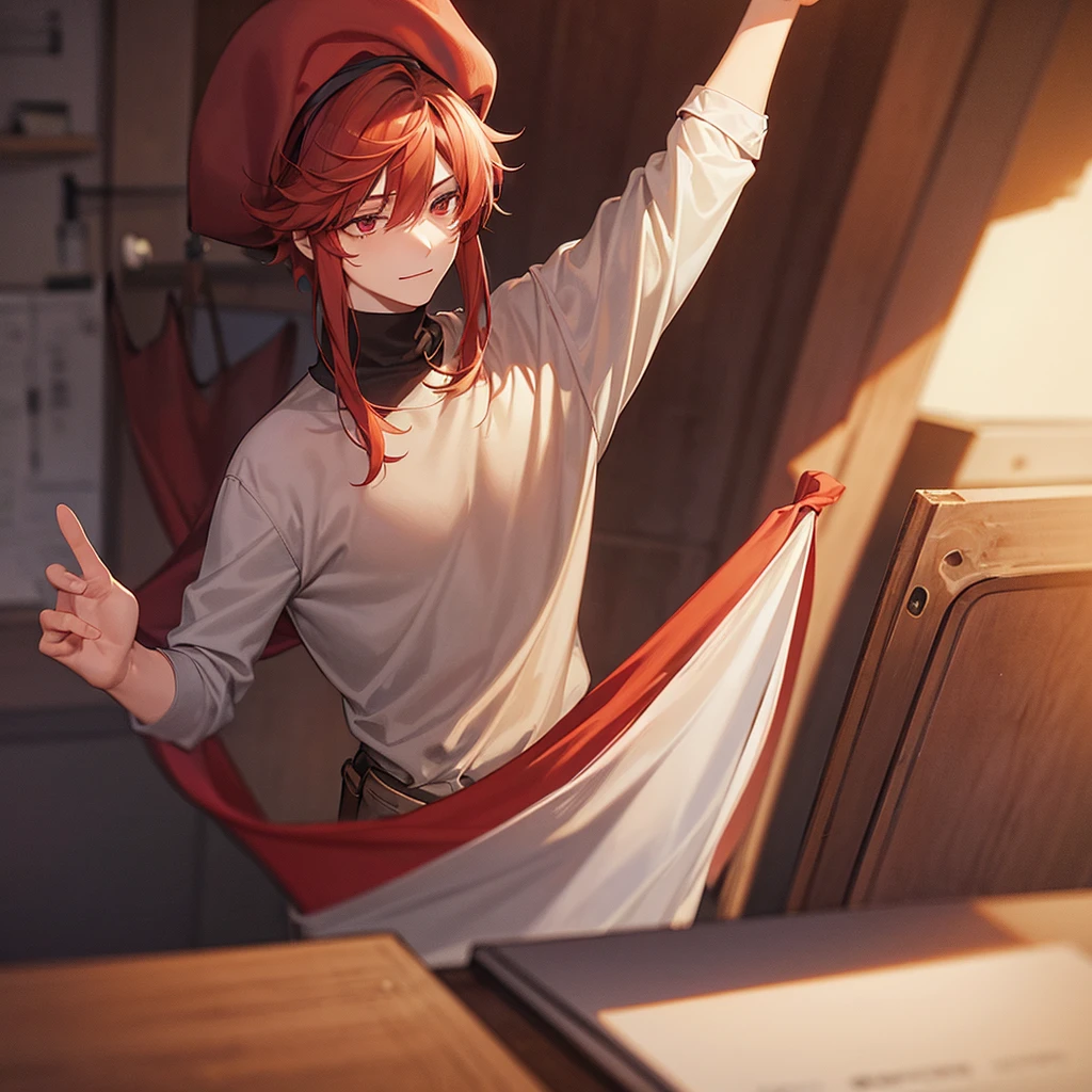 A shy young man with carmine red medium hair and with long bangs covering his eyes, wearing an old wizard hat and beige , background is classroom