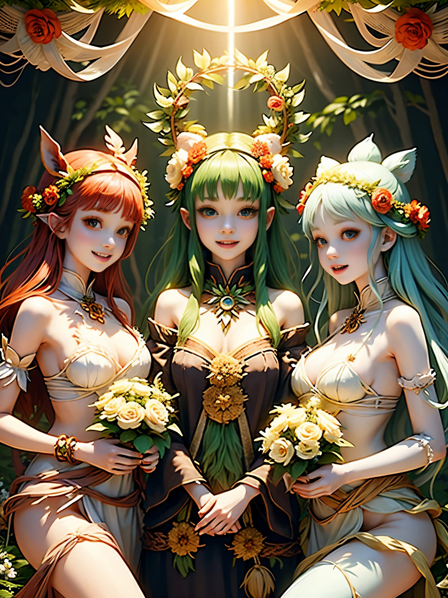 generate a group of mystical forest spirit girls with wreaths of flowers on their heads with pale skin dancing in a circle, adorable smile, cute teeth, masterpiece