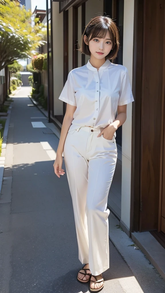 One girl, wearing white short sleeve blouse, wide pants, wide pants, short hair, 20-year-old Japanese, beautiful, cute face, pretty face, neat, serious face, 8-head body, height 165cm, weight 48kg, bust 83cm, waist 60cm, hips 82cm, Small breathts, Living in Hiroshima City, A college student aspiring to become a model, (((full body))), full face