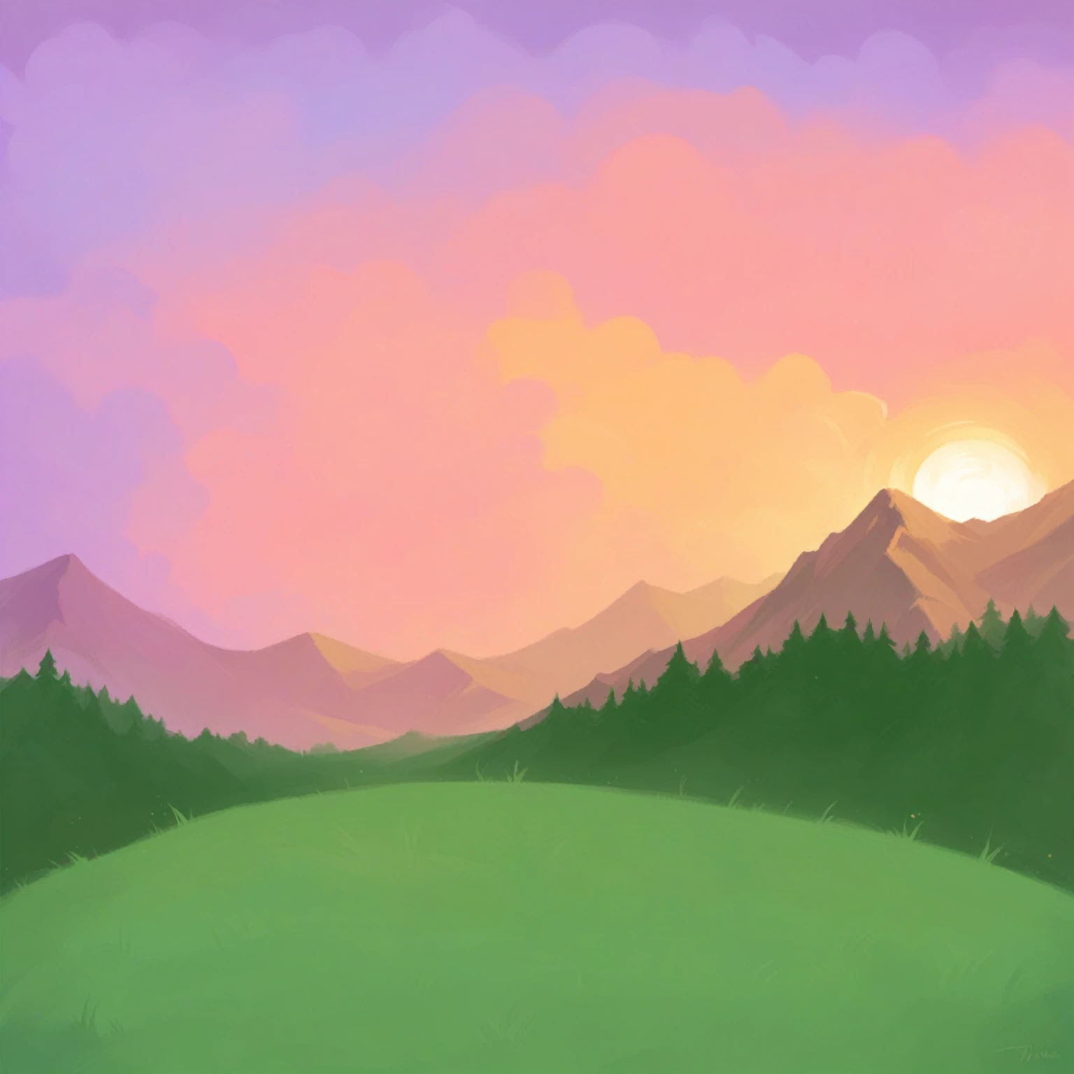 A beautiful sunset over a mountain surrounded by a forest and a field