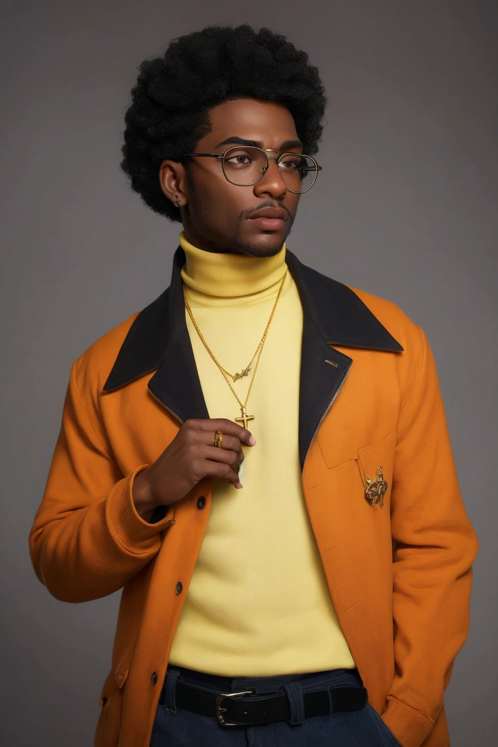 (masterpiece:1.2), (best quality), (ultra detailed), (8k, 4k, intricate),(half-body-shot:1), (highly detailed:1.2),(detailed background:1.2),((dark skin, handsome face,lips)) An close up of a African American man wearing a yellow jacket and orange turtleneck, yellow rimmed glasses, wears a egyptian ankh necklace, smooth in _ the background, taken in the early 2020s, wearing a turtleneck and jacket, high quality portrait