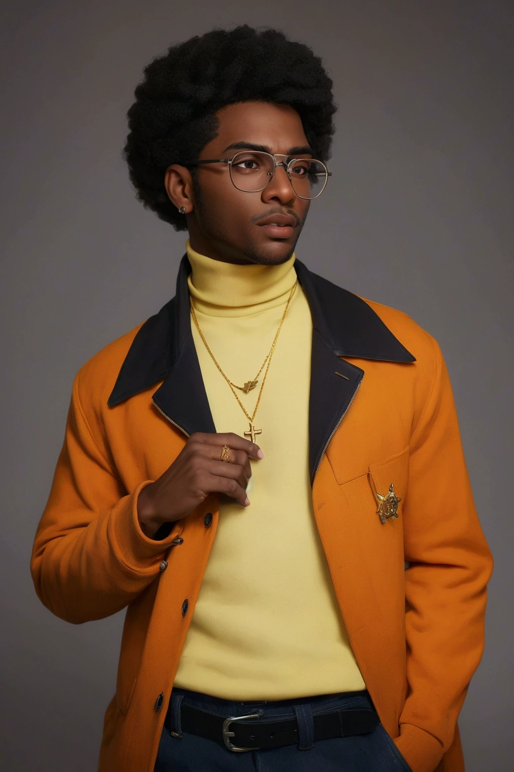 (masterpiece:1.2), (best quality), (ultra detailed), (8k, 4k, intricate),(half-body-shot:1), (highly detailed:1.2),(detailed background:1.2),((dark skin, handsome face,lips)) An close up of a African American man wearing a yellow jacket and orange turtleneck, yellow rimmed glasses, wears a egyptian ankh necklace, smooth in _ the background, taken in the early 2020s, wearing a turtleneck and jacket, high quality portrait