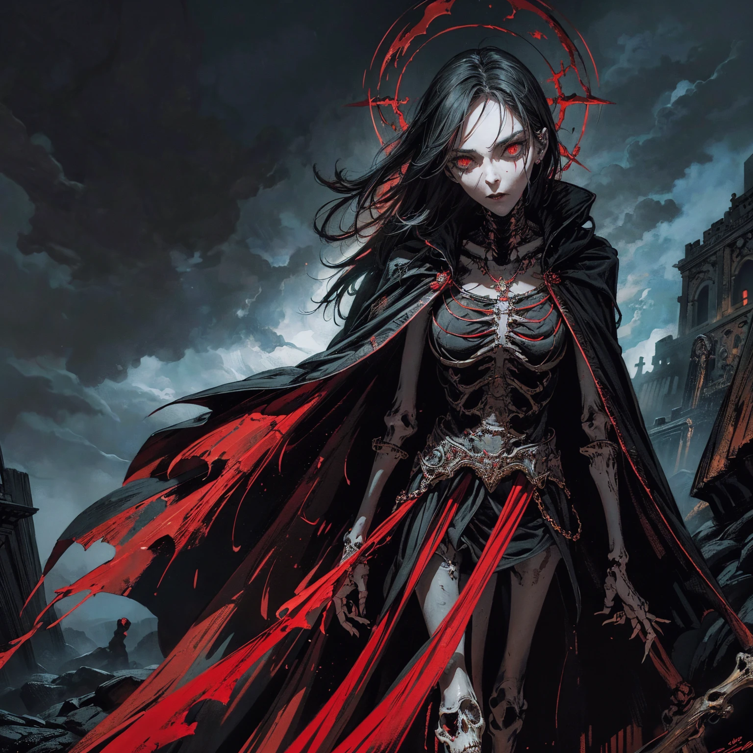 best quality, 4K, high resolution, masterpiece:1.2, Very detailed, actual:1.37, Mood lighting, An undead girl in a long cape, Torso and limb is skeleton bone but head is still beautiful human face, Wearing a ragged gothic skirt, Aloofness emotion, Dangerous sneer, Black Hair, Standing, Facing the camera, Crucified, Pitch black sky, Blood-red moon, strange atmosphere, Gothic style, Unforgettable beauty, Dramatic shadows, Ethereal Light, Mysterious atmosphere.