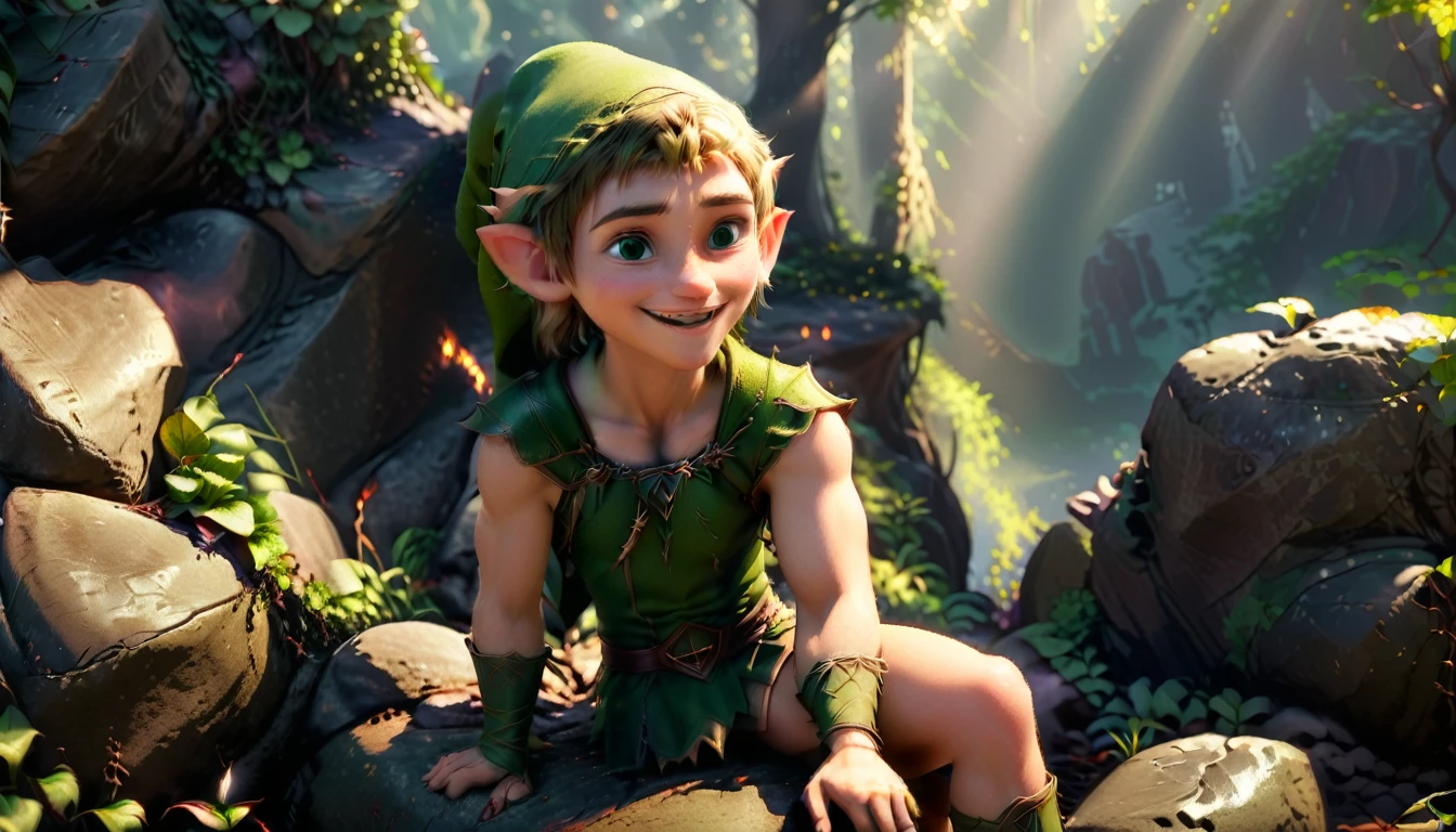 A stunning 3D scene，A male elf，Just smiling，Wearing an elf hat on his head，He was sitting on a large rock.，The atmosphere is mysterious and magical，Beautiful light。