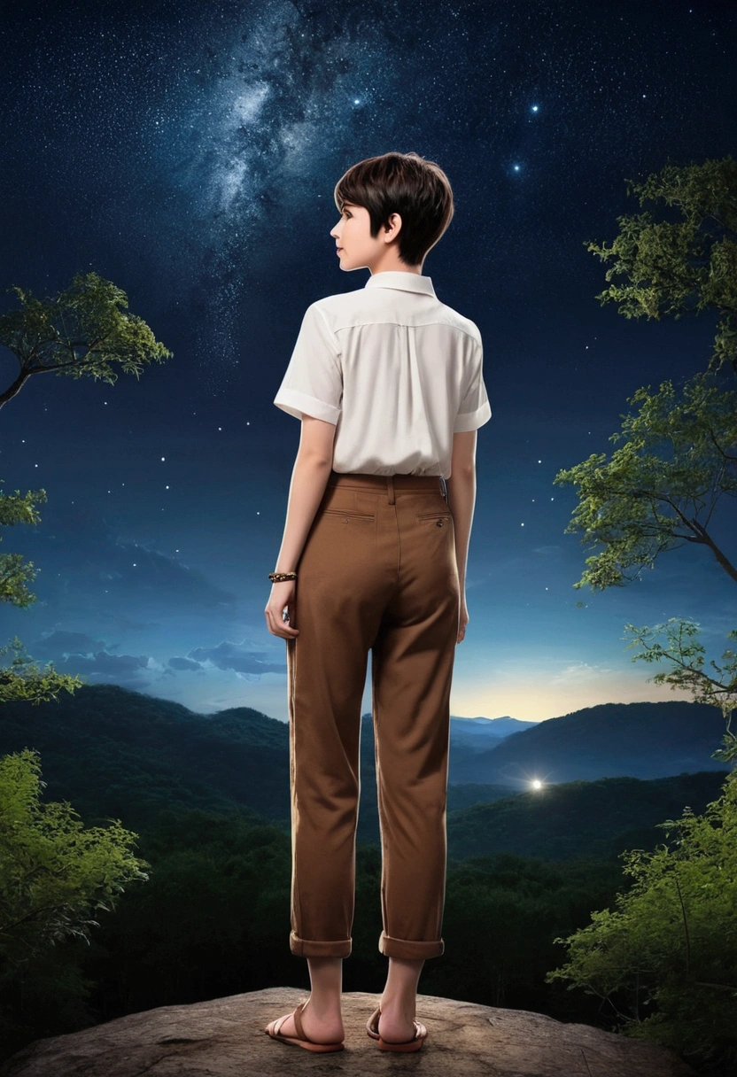1 girl, (wearing white shirt and brown pants), (short pixie hair style), (black hair), (back view), (full body portrait), (wearing sandals), (girl small against the background), (big sky above girl), (girl in forest looking toward the dark night sky), masterpiece, dark blue tones,Overall Top,high detail photo,dark blue-sky,light wind,Illustration, Huge little,Cross the sky from bottom to top,Bright stars、s、dark sky with stars,
