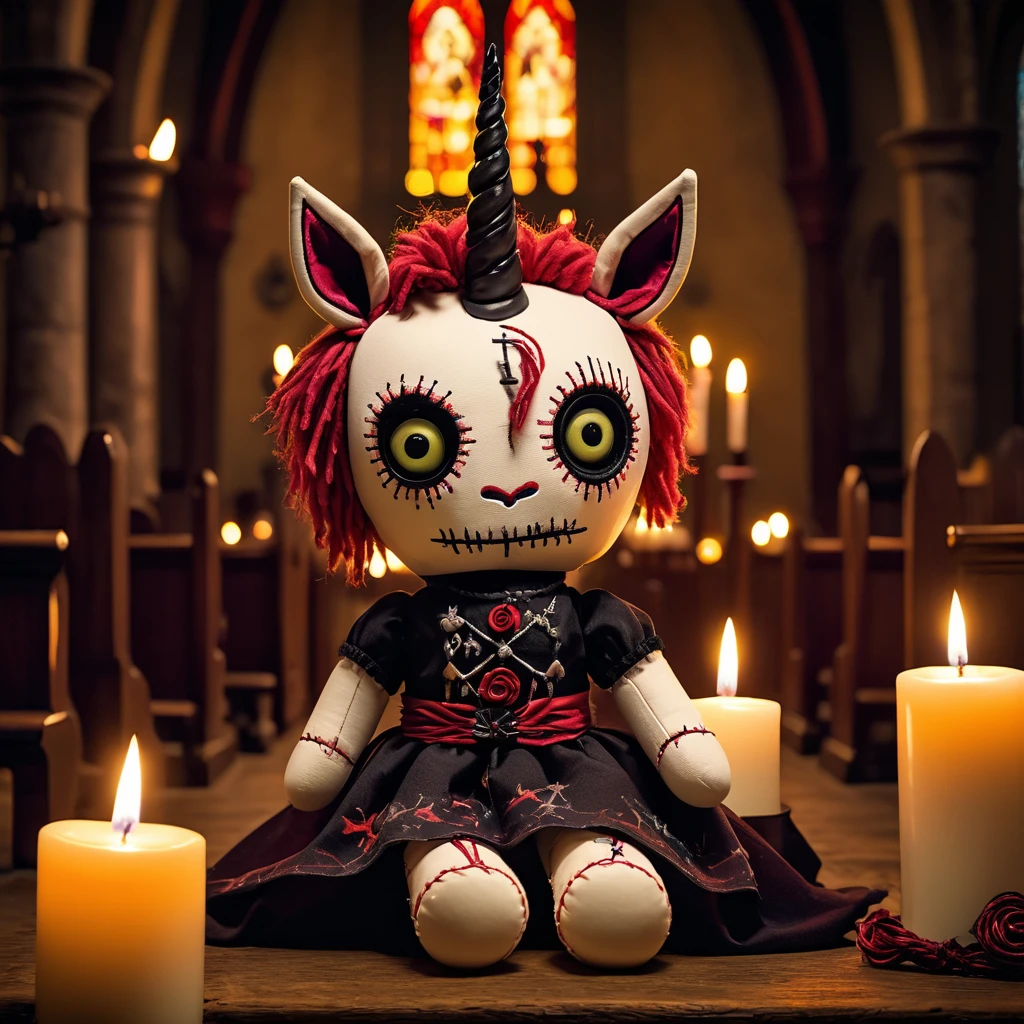 (knitted toy voodoo doll:1.7), (Voodoo Evil Unicorn in Sinister Church:1.3), (Clothing: tattered unicorn attire with dark symbols:1.0), (Accessories: enchanted horn emitting a ghostly glow, floating spectral candles:1.1), (background: dark, haunted church with flickering candlelight, shadowy pews, and an atmosphere of eerie worship:1.2), best quality, masterpiece, detailed soft oil painting, detailed background, dramatic cinematic lighting, soft edge lighting, professional, dramatic lighting, hard edge lighting, ultra quality, 4k, masterpiece, best quality, 8k, ultra high definition, high resolution, extremely detailed