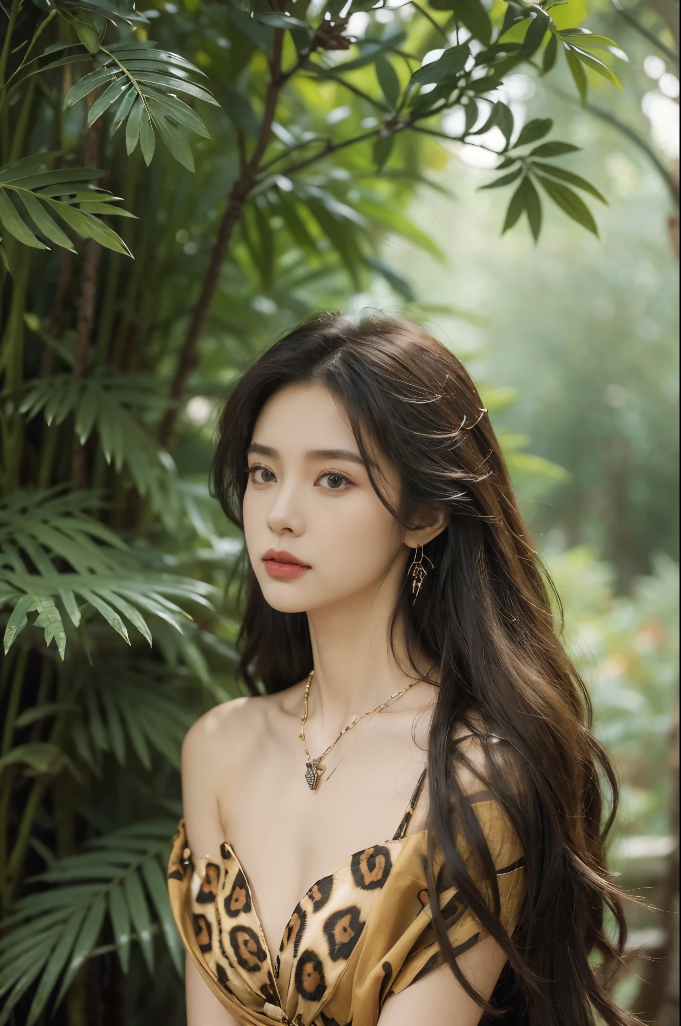 (((best quality))),(((ultra detailed))),(((masterpiece))),illustration,((1 beautiful girl,solo)),(shoulder length messy hair:1.2),((Beast bone earrings and necklace)),((slim,thin)),((small breasts,flat chest)),(slender legs:1.2),fair complexion,(leopard print dress:1.3),seductive,wild spirit,lush forest,primitive,tall trees,green canopy, sunlight filter,scent of earth,bird chirping,small creatures,secluded spot,captivating,enigmatic,raw energy,untamed spirit,morden day Eve,Garden of Eden,playful,adventurous,striking appearance,exotic setting,summertime,heat,humidity,vibrant colours,endless possibilities,exquisite detail,expansive wilderness,feminine allure,((from front,upper body))